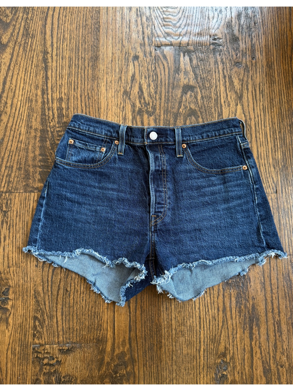Levi’s 501 High Rise Button Fly Dark Blue Frayed Hem Denim Shorts
